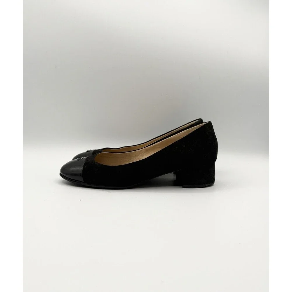 Chanel Black Suede Low Block Heels w CC Logo Cap Toe Accent Size EU 36